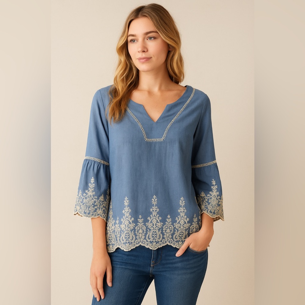 Sundance Lace Blue & White Liliana Embroidered‎ Blouse Top Bell Sleeves Sz L - Picture 2 of 14